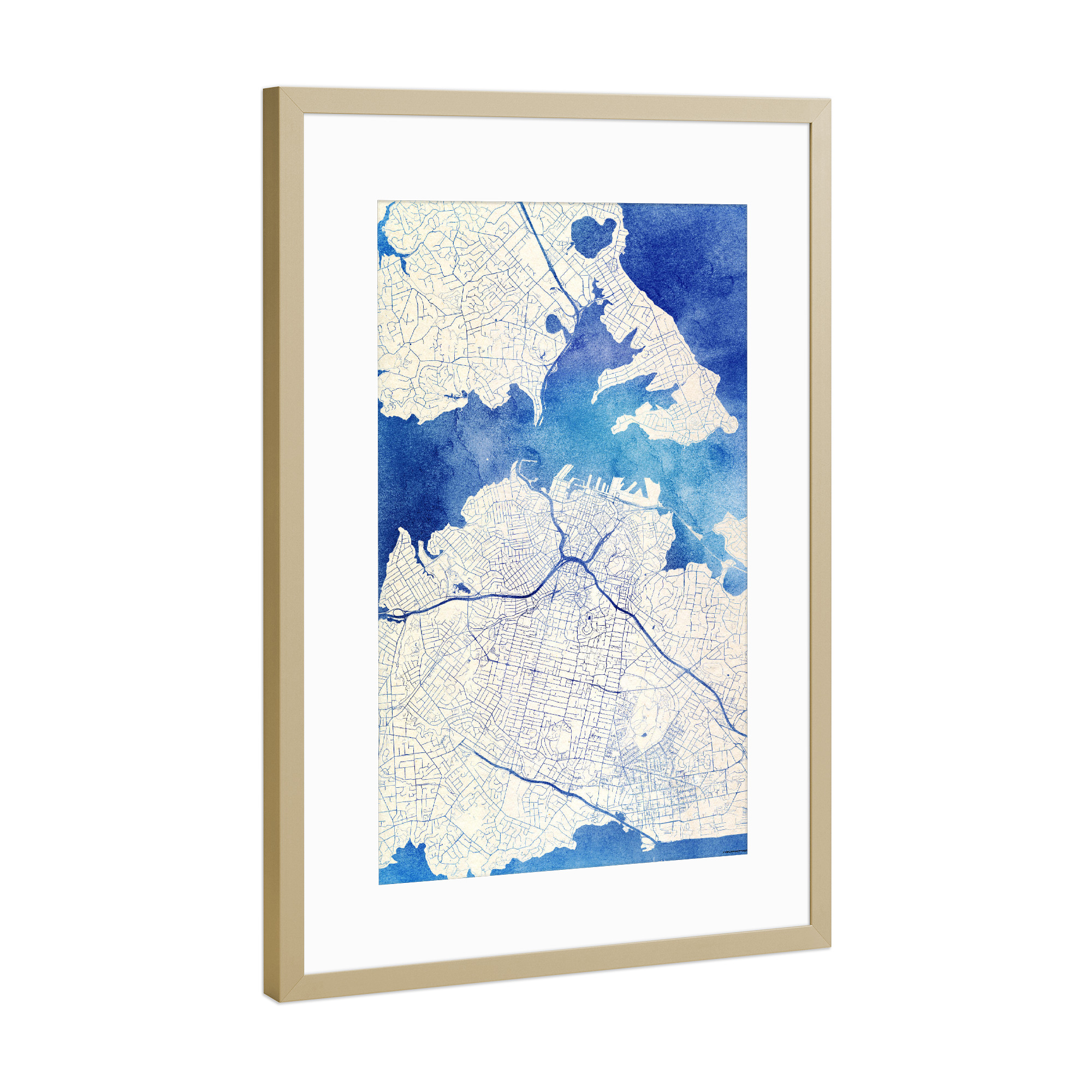 Poster mit Rahmen Gold "Auckland Neuseeland Blue Infusion Map II" artboxONE - Städte,Reise,Kartografie - Städte,Stadtkarte,Wasserfarbe,Rosequartz