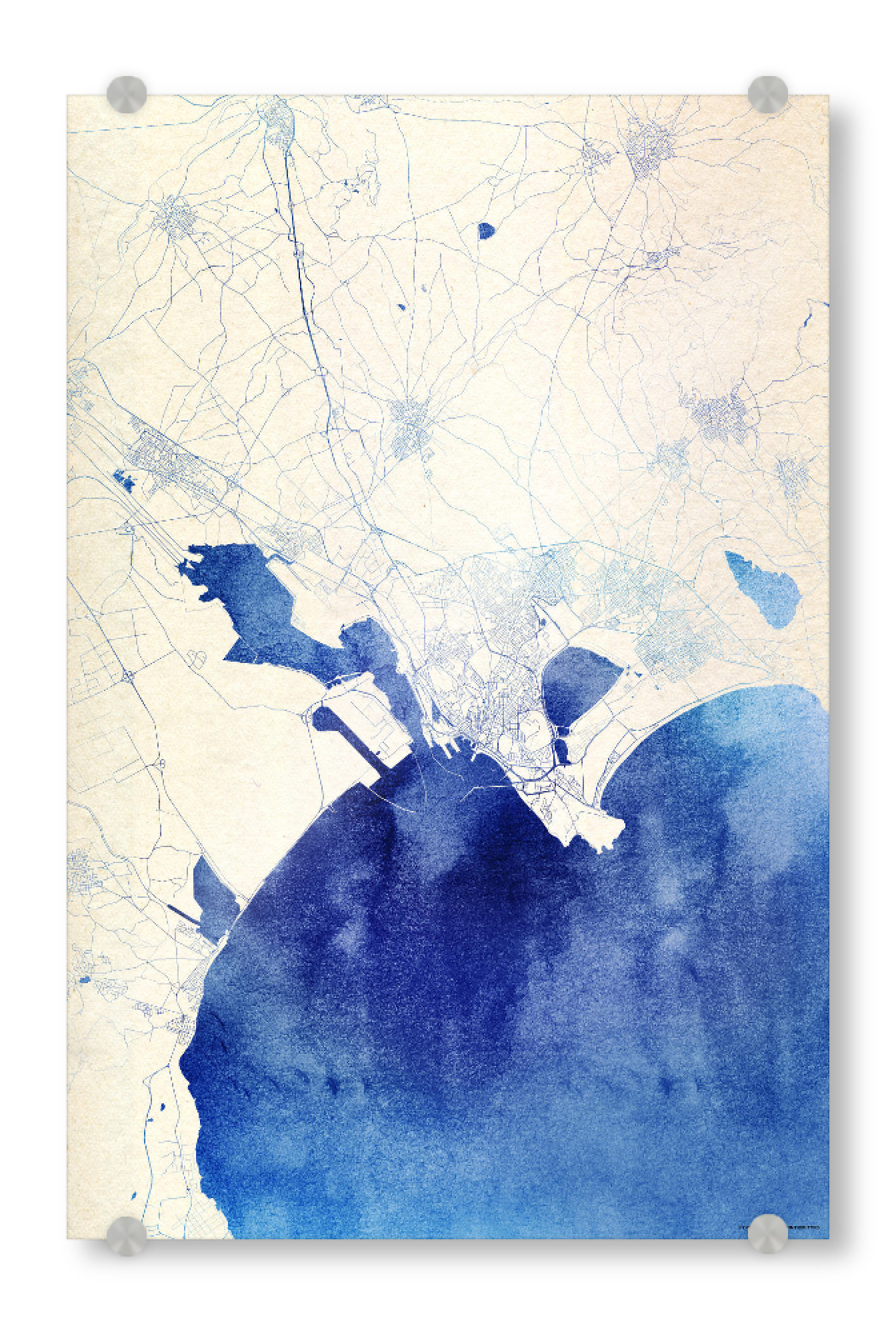 Acrylglasbild "Cagliari Italien Blue Infusion Map I" artboxONE - Städte,Reise,Kartografie - Städte,Stadtkarte,Wasserfarbe,Rosequartz