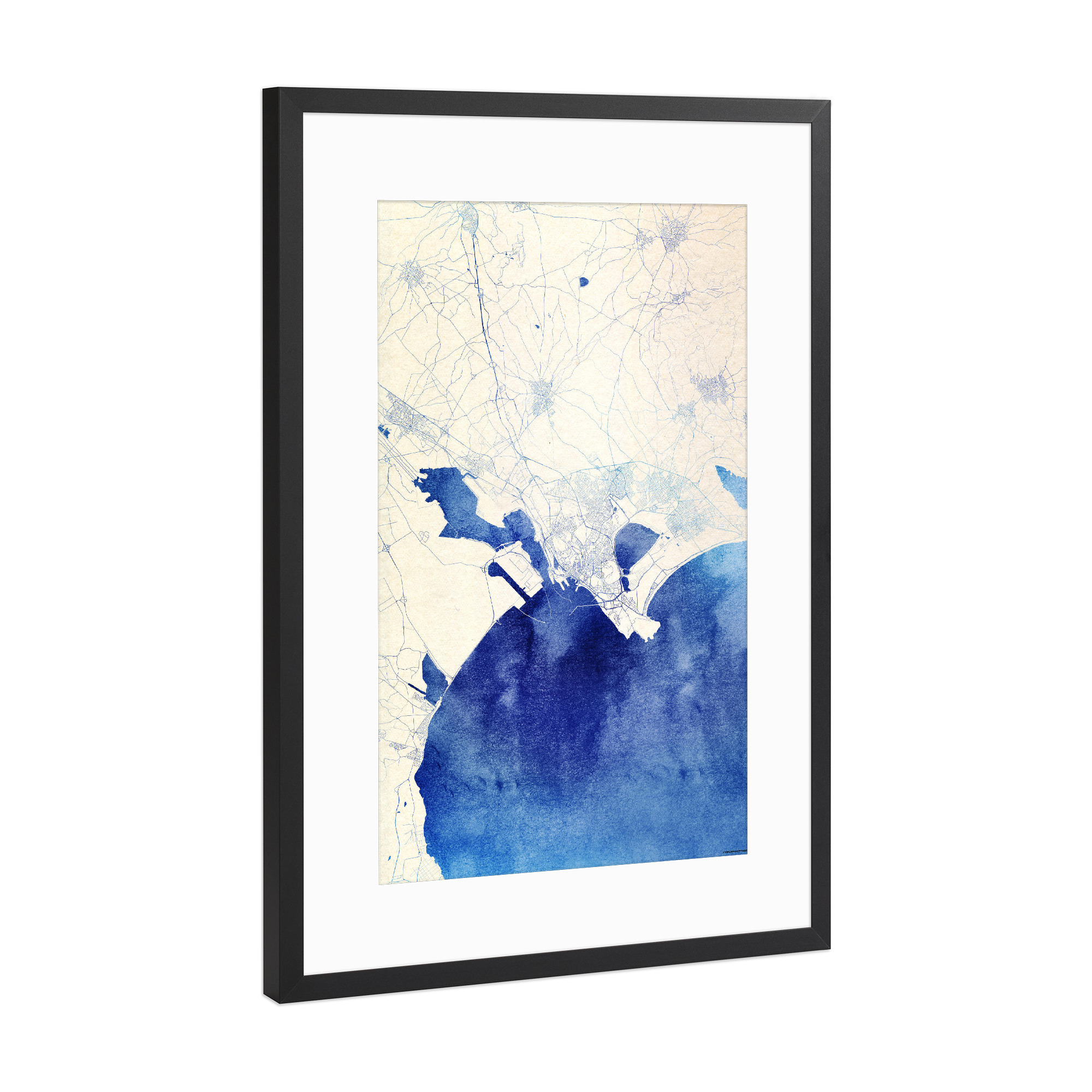 Poster mit Rahmen Schwarz (Metallic) "Cagliari Italien Blue Infusion Map I" artboxONE - Städte,Reise,Kartografie