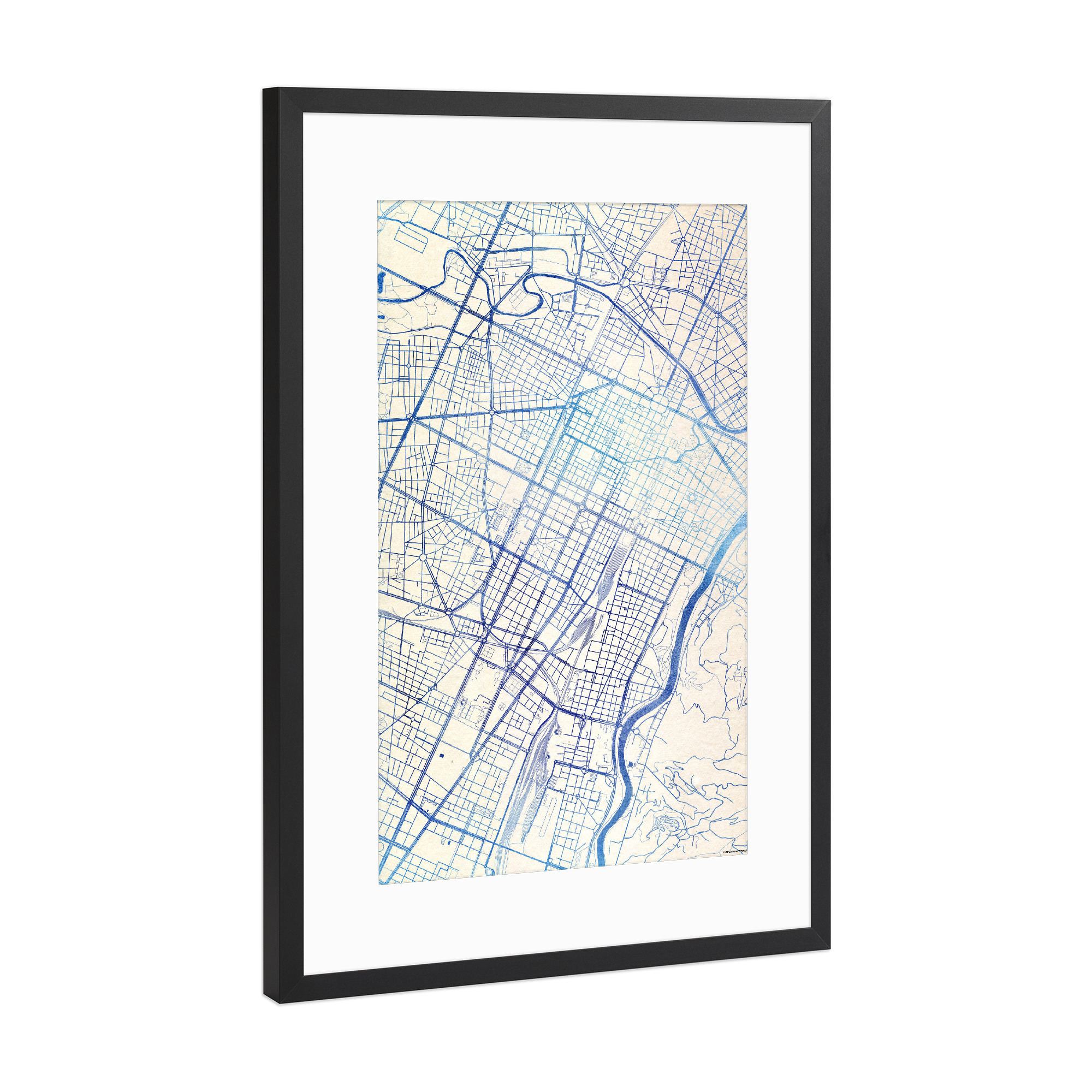 Poster mit Rahmen Schwarz (Metallic) "Turin Italien Blue Infusion Map II" artboxONE - Städte,Reise,Kartografie