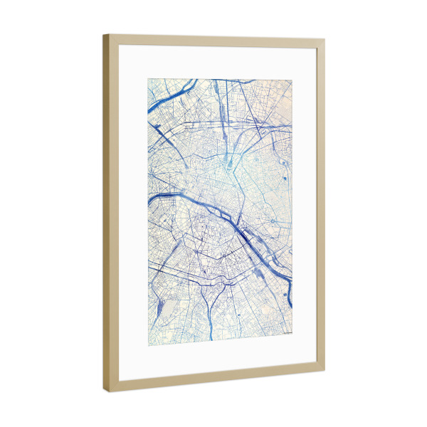 Poster mit Rahmen Gold "Paris Frankreich Blue Infusion Map I" artboxONE - Städte,Reise,Kartografie - Städte,Stadtkarte,Wasserfarbe,Rosequartz