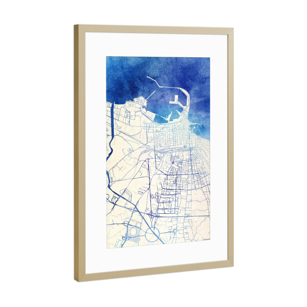 Poster mit Rahmen Gold "Bari Italien Blue Infusion Map II" artboxONE - Städte,Reise,Kartografie - Städte,Stadtkarte,Wasserfarbe,Rosequartz