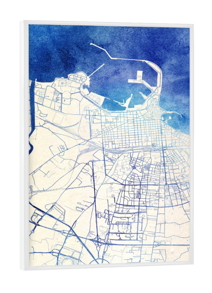 Poster mit weißem Rahmen "Bari Italien Blue Infusion Map II" artboxONE - Städte,Reise,Kartografie - Städte,Stadtkarte,Wasserfarbe,Rosequartz