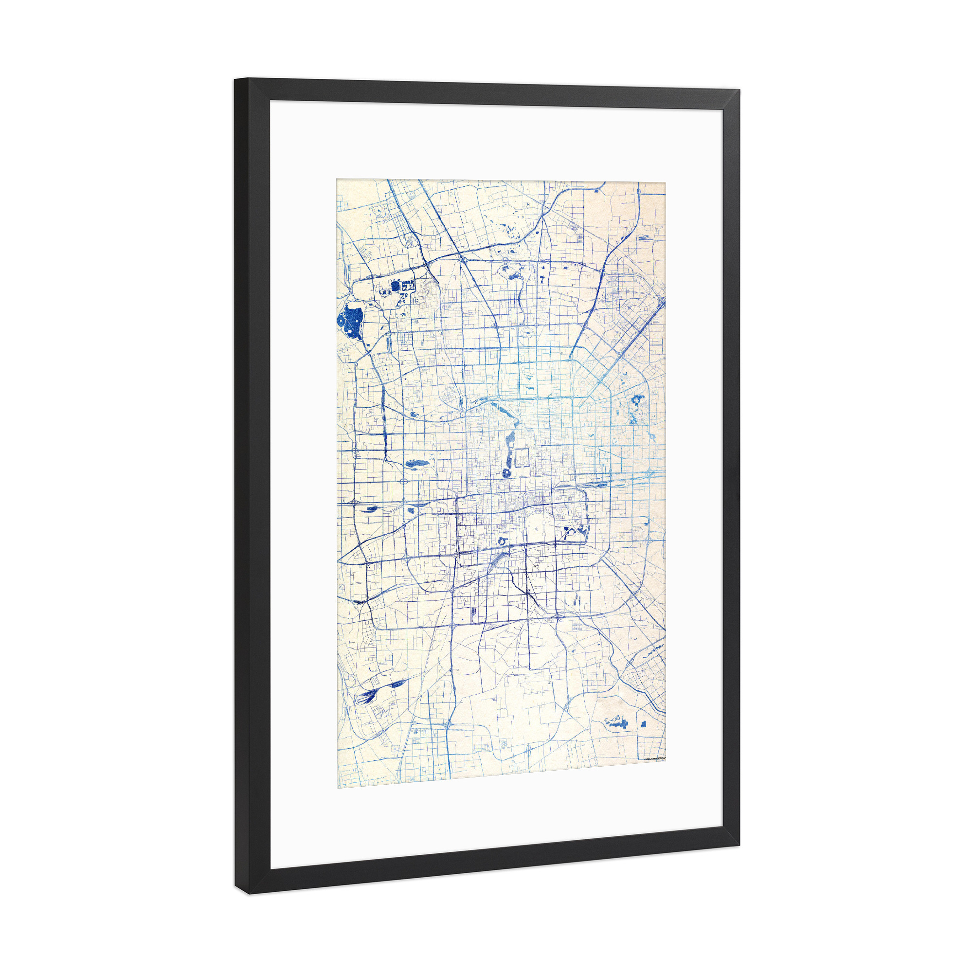 Poster mit Rahmen Schwarz (Metallic) "Peking China Blue Infusion Map II" artboxONE - Städte,Reise,Kartografie