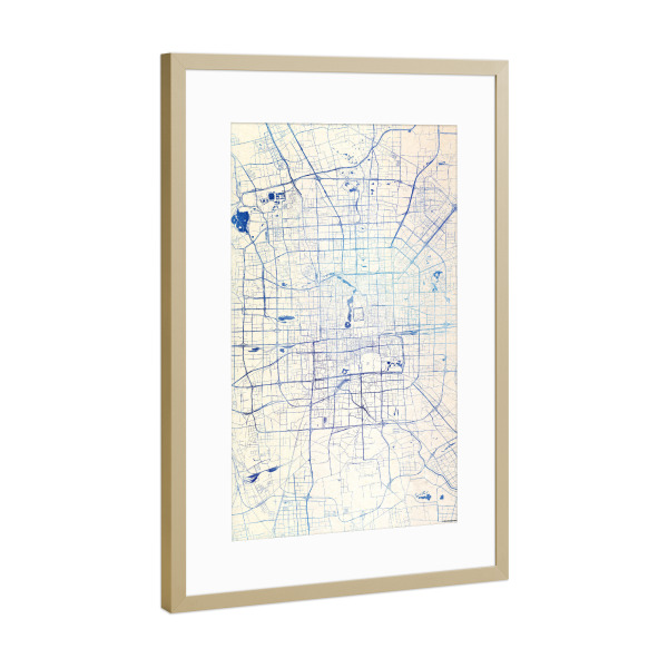 Poster mit Rahmen Gold "Peking China Blue Infusion Map II" artboxONE - Städte,Reise,Kartografie - Städte,Stadtkarte,Wasserfarbe,Rosequartz