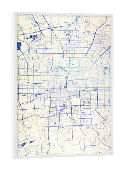 Poster mit weißem Rahmen "Peking China Blue Infusion Map II" artboxONE - Städte,Reise,Kartografie - Städte,Stadtkarte,Wasserfarbe,Rosequartz