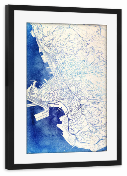 Poster mit Rahmen schwarz "Triest Italien Blue Infusion Map I" artboxONE - Städte,Reise,Kartografie - Städte,Stadtkarte,Wasserfarbe,Rosequartz