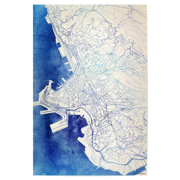Poster "Triest Italien Blue Infusion Map I" artboxONE - Städte,Reise,Kartografie - Städte,Stadtkarte,Wasserfarbe,Rosequartz