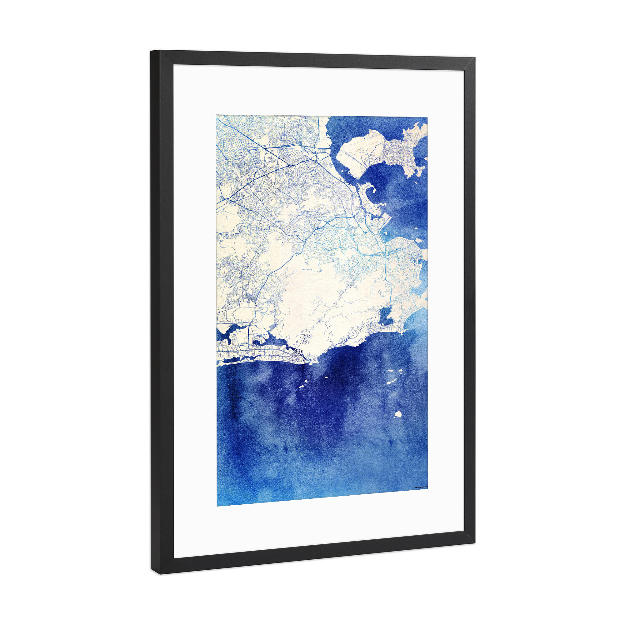 Poster mit Rahmen Schwarz (Metallic) "Rio-de-Janeiro Brasilien Blue Infusion Map I" artboxONE - Städte,Reise,Kartografie