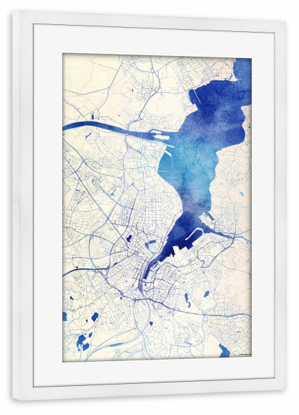 Poster mit Rahmen weiß "Kiel Deutschland Blue Infusion Map II" artboxONE - Städte,Reise,Kartografie - Städte,Stadtkarte,Wasserfarbe,Rosequartz