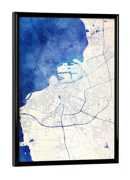 Poster mit schwarzem Rahmen "Malmö Schweden Blue Infusion Map I" artboxONE - Städte,Reise,Kartografie - Städte,Stadtkarte,Wasserfarbe,Rosequartz