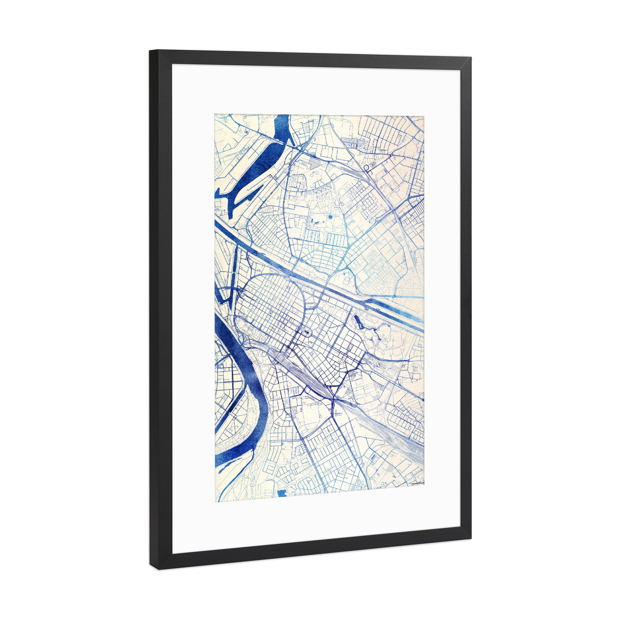 Poster mit Rahmen Schwarz (Metallic) "Mannheim Deutschland Blue Infusion Map I" artboxONE - Städte,Reise,Kartografie