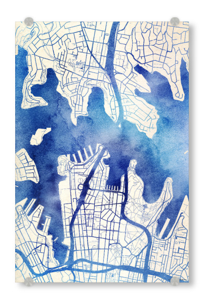 Acrylglasbild "Sydney Australien Blue Infusion Map III" artboxONE - Städte,Reise,Kartografie - Städte,Stadtkarte,Wasserfarbe,Rosequartz