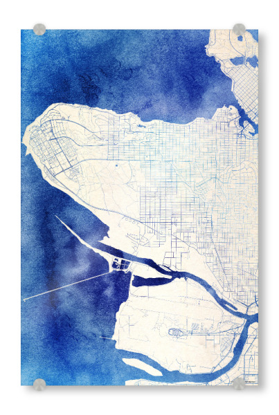 Acrylglasbild "Vancouver Kanada Blue Infusion Map II" artboxONE - Städte,Reise,Kartografie - Städte,Stadtkarte,Wasserfarbe,Rosequartz