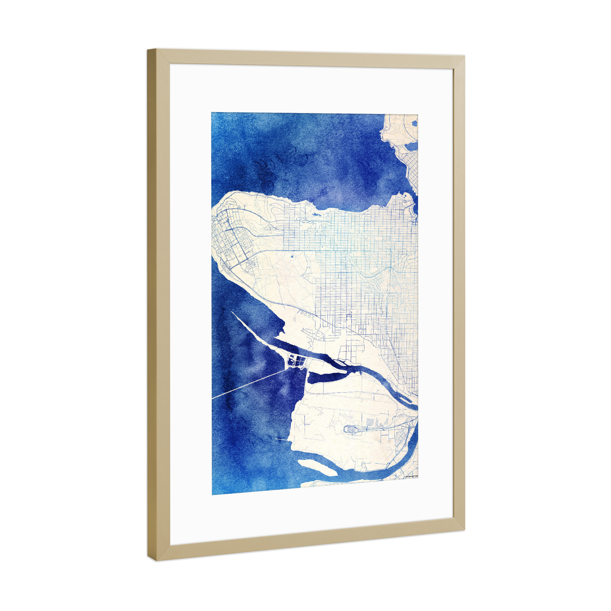 Poster mit Rahmen Gold "Vancouver Kanada Blue Infusion Map II" artboxONE - Städte,Reise,Kartografie - Städte,Stadtkarte,Wasserfarbe,Rosequartz