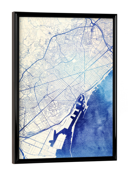 Poster mit schwarzem Rahmen "Barcelona Spanien Blue Infusion Map I" artboxONE - Städte,Reise,Kartografie - Städte,Stadtkarte,Wasserfarbe,Rosequartz