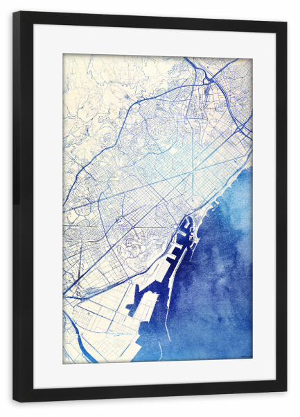 Poster mit Rahmen schwarz "Barcelona Spanien Blue Infusion Map I" artboxONE - Städte,Reise,Kartografie - Städte,Stadtkarte,Wasserfarbe,Rosequartz