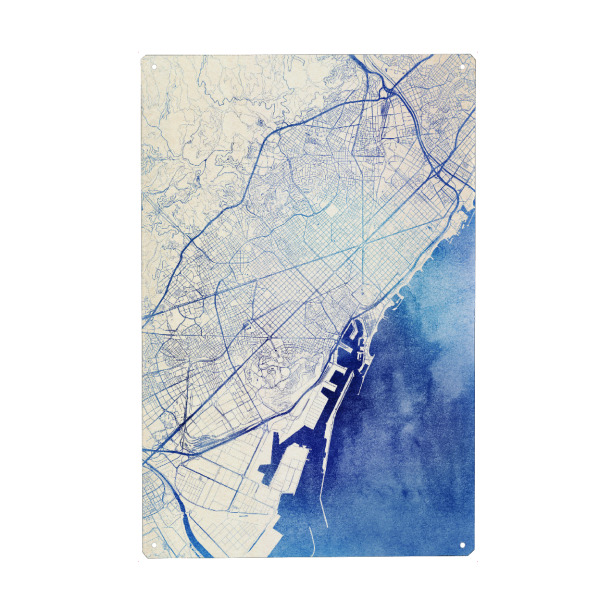 Holzbild "Barcelona Spanien Blue Infusion Map I" artboxONE - Städte,Reise,Kartografie - Städte,Stadtkarte,Wasserfarbe,Rosequartz