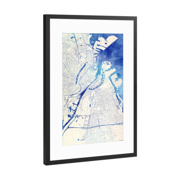 Poster mit Rahmen Schwarz (Metallic) "København Dänemark Blue Infusion Map I" artboxONE - Städte,Reise,Kartografie
