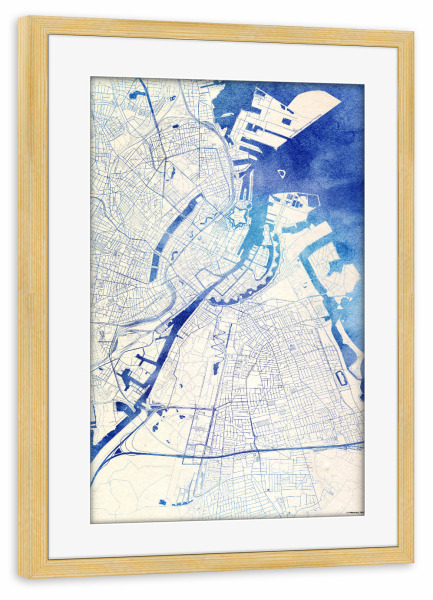 Poster mit Rahmen kiefer "København Dänemark Blue Infusion Map I" artboxONE - Städte,Reise,Kartografie - Städte,Stadtkarte,Wasserfarbe,Rosequartz