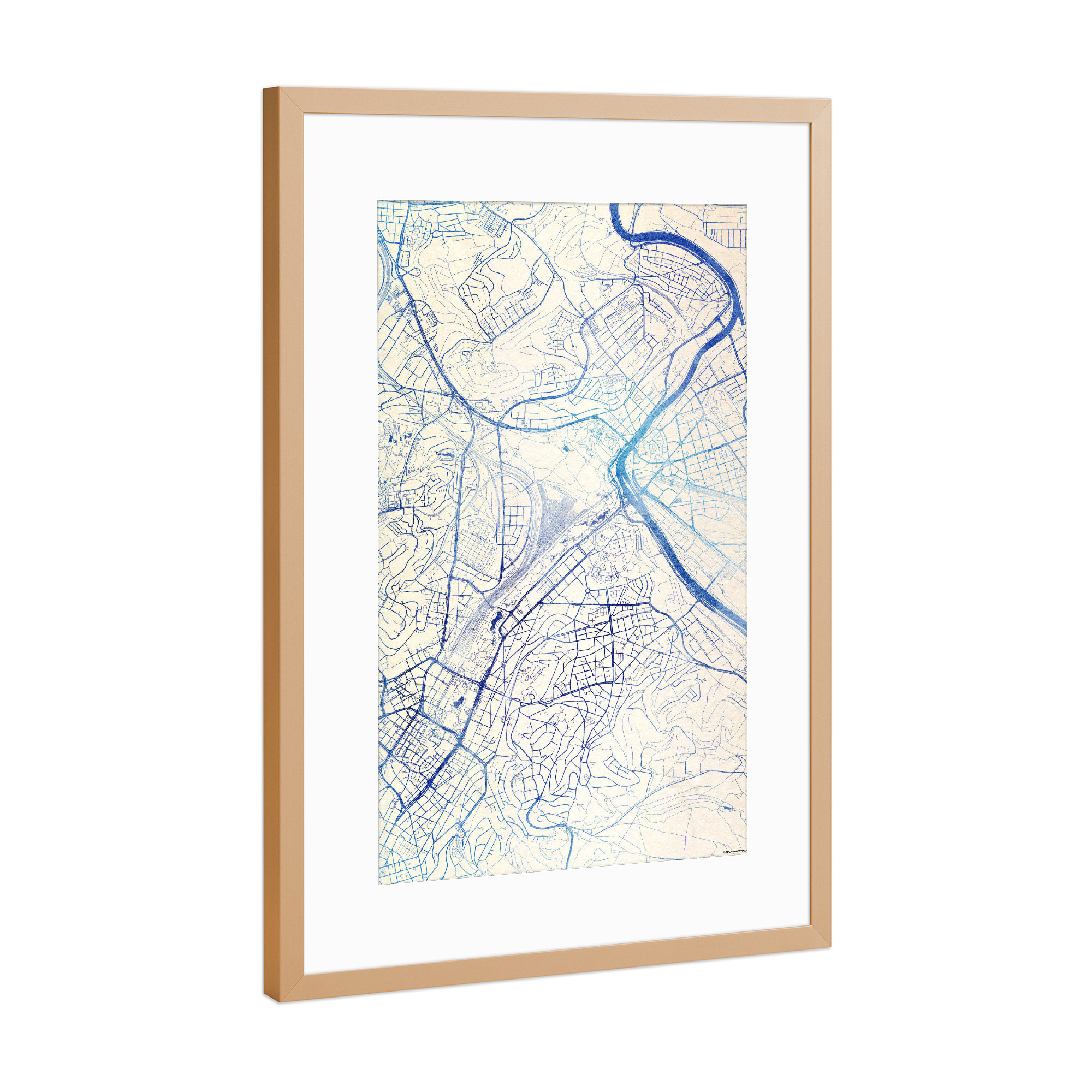 Poster mit Rahmen Kupfer "Stuttgart Deutschland Blue Infusion Map I" artboxONE - Städte,Reise,Kartografie - Städte,Stadtkarte,Wasserfarbe,Rosequartz