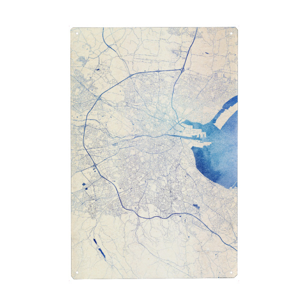 Metall Poster "Dublin Irland Blue Infusion Map I" artboxONE - Städte,Reise,Kartografie - Städte,Stadtkarte,Wasserfarbe,Rosequartz - Blechschild