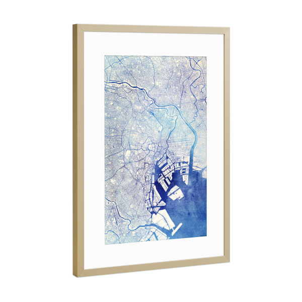 Poster mit Rahmen Gold "Tokio Japan Blue Infusion Map I" artboxONE - Städte,Reise,Kartografie - Städte,Stadtkarte,Wasserfarbe,Rosequartz