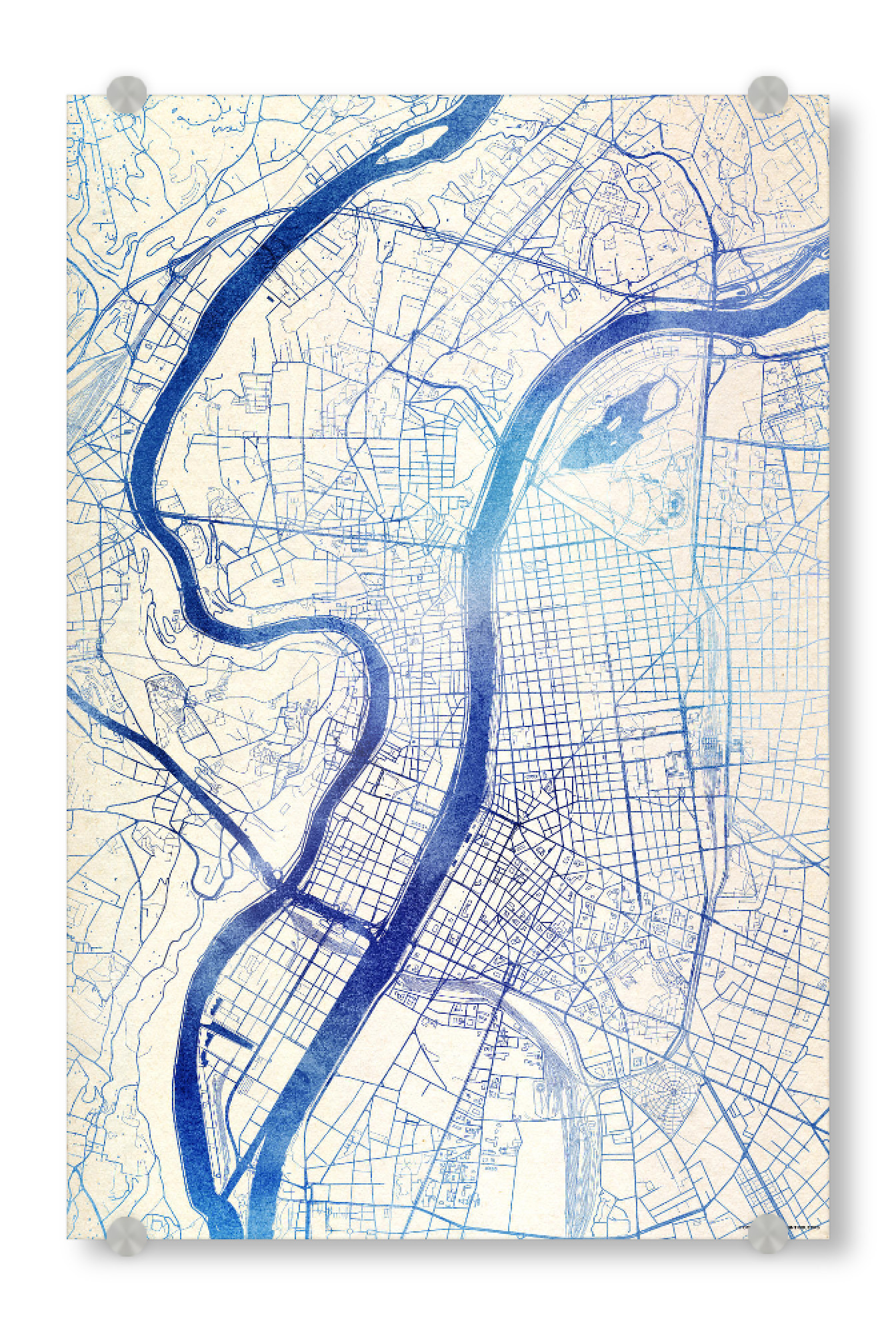Acrylglasbild "Lyon Frankreich Blue Infusion Map I" artboxONE - Städte,Reise,Kartografie - Städte,Stadtkarte,Wasserfarbe,Rosequartz