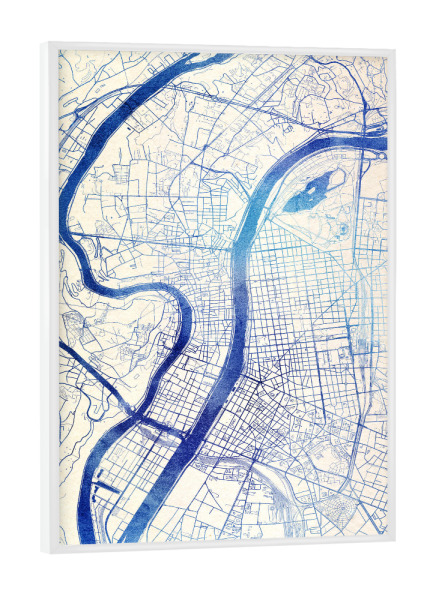 Poster mit weißem Rahmen "Lyon Frankreich Blue Infusion Map I" artboxONE - Städte,Reise,Kartografie - Städte,Stadtkarte,Wasserfarbe,Rosequartz
