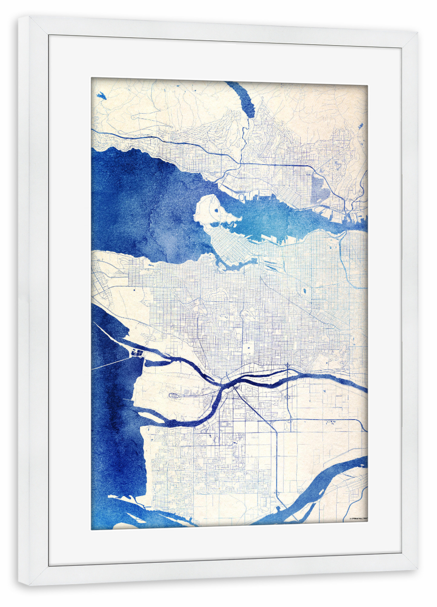 Poster mit Rahmen weiß "Vancouver Kanada Blue Infusion Map I" artboxONE - Städte,Reise,Kartografie - Städte,Stadtkarte,Wasserfarbe,Rosequartz