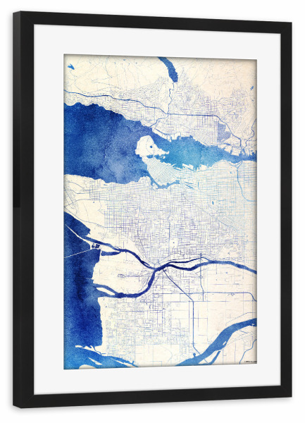 Poster mit Rahmen schwarz "Vancouver Kanada Blue Infusion Map I" artboxONE - Städte,Reise,Kartografie - Städte,Stadtkarte,Wasserfarbe,Rosequartz