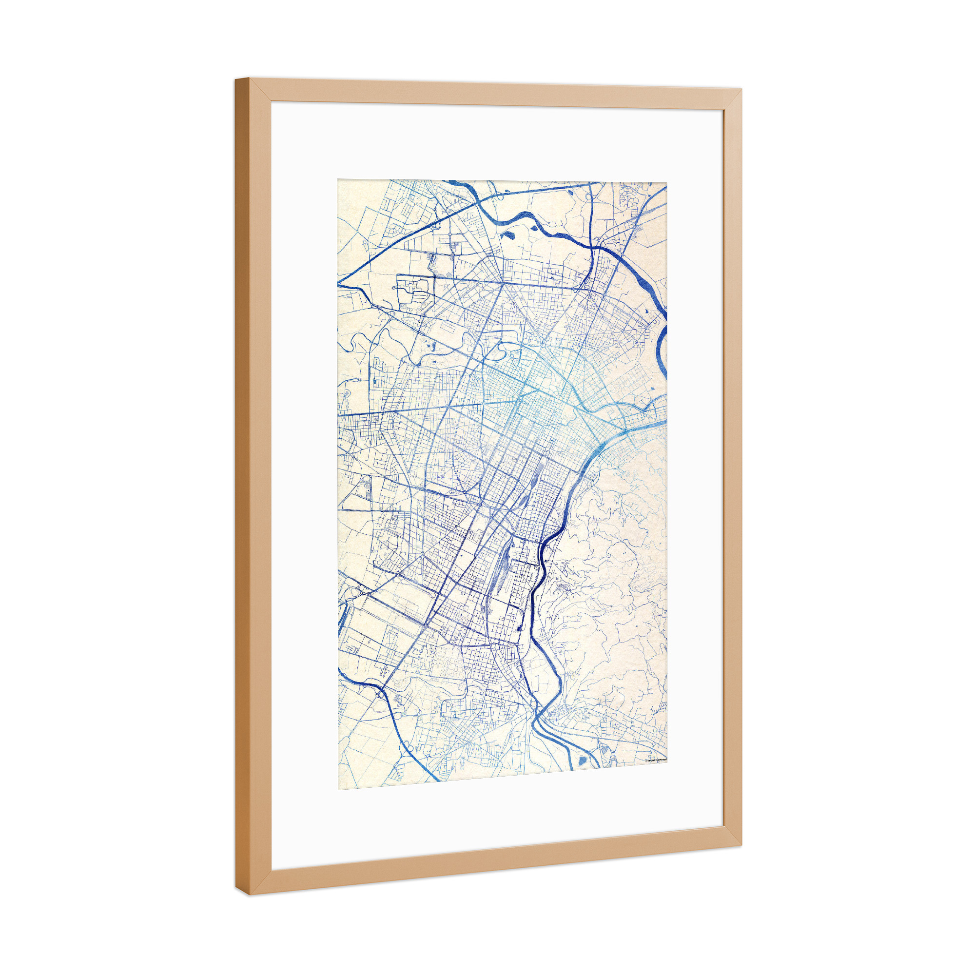 Poster mit Rahmen Kupfer "Turin Italien Blue Infusion Map I" artboxONE - Städte,Reise,Kartografie - Städte,Stadtkarte,Wasserfarbe,Rosequartz