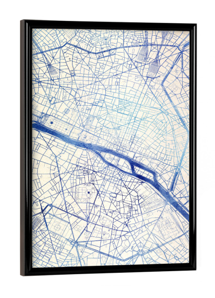 Poster mit schwarzem Rahmen "Paris Frankreich Blue Infusion Map II" artboxONE - Städte,Reise,Kartografie - Städte,Stadtkarte,Wasserfarbe,Rosequartz