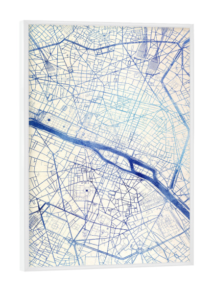 Poster mit weißem Rahmen "Paris Frankreich Blue Infusion Map II" artboxONE - Städte,Reise,Kartografie - Städte,Stadtkarte,Wasserfarbe,Rosequartz