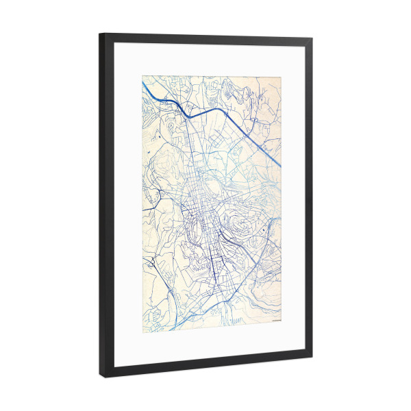 Poster mit Rahmen Schwarz (Metallic) "Saint-Étienne Frankreich Blue Infusion Map II" artboxONE - Städte,Reise,Kartografie