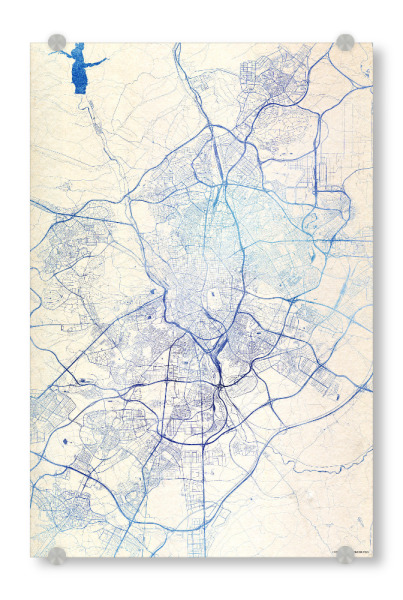 Acrylglasbild "Madrid Spanien Blue Infusion Map I" artboxONE - Städte,Reise,Kartografie - Städte,Stadtkarte,Wasserfarbe,Rosequartz
