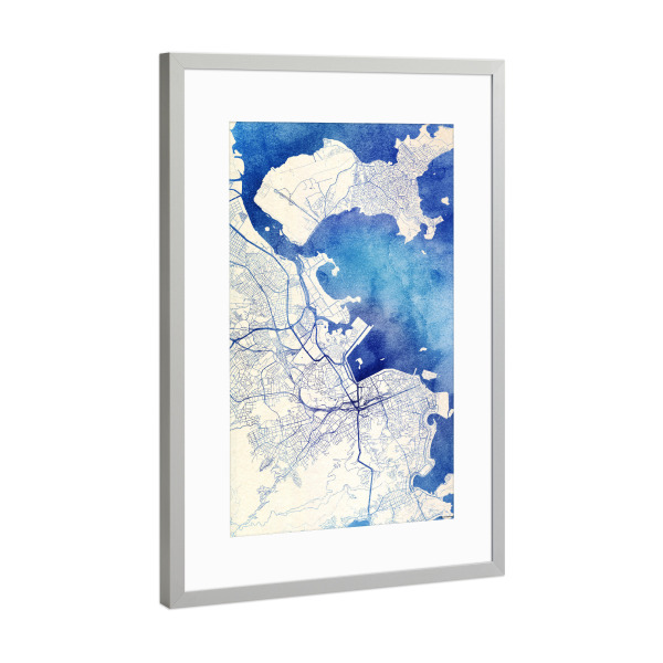 Poster mit Rahmen Silber "Rio-de-Janeiro Brasilien Blue Infusion Map II" artboxONE - Städte,Reise,Kartografie