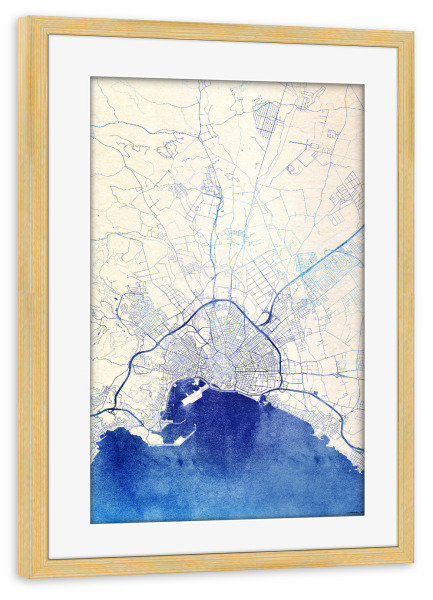 Poster mit Rahmen kiefer "Palma Mallorca Blue Infusion Map I" artboxONE - Städte,Reise,Kartografie - Städte,Stadtkarte,Wasserfarbe,Rosequartz