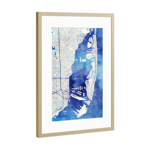 Poster mit Rahmen Gold "Miami USA Blue Infusion Map II" artboxONE - Städte,Reise,Kartografie - Städte,Stadtkarte,Wasserfarbe,Rosequartz
