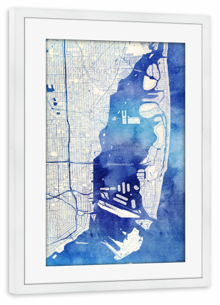Poster mit Rahmen weiß "Miami USA Blue Infusion Map II" artboxONE - Städte,Reise,Kartografie - Städte,Stadtkarte,Wasserfarbe,Rosequartz