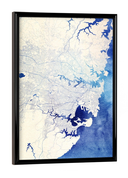 Poster mit schwarzem Rahmen "Sydney Australien Blue Infusion Map I" artboxONE - Städte,Reise,Kartografie - Städte,Stadtkarte,Wasserfarbe,Rosequartz