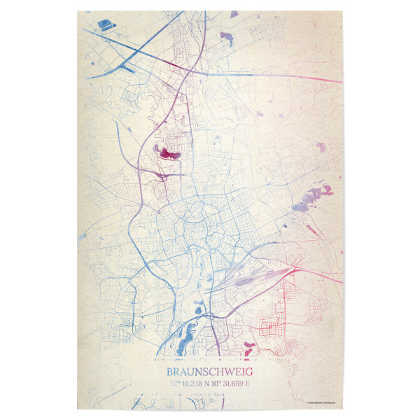 Poster 30x20 cm "Braunschweig Deutschland Map Rose And Serenity II" artboxONE - Städte,Reise,Kartografie - Städting,Stadtkarte,Wasserfarbe,Rosequartz
