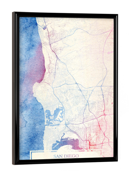 Poster mit schwarzem Rahmen "San-Diego USA Map Rose And Serenity I" artboxONE - Städte,Reise,Kartografie - Städting,Stadtkarte,Wasserfarbe,Rosequartz