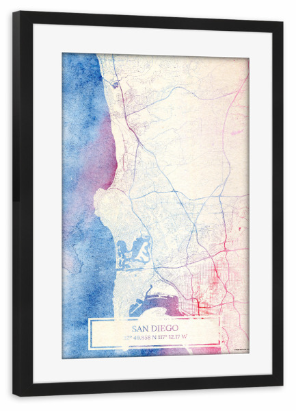 Poster mit Rahmen schwarz "San-Diego USA Map Rose And Serenity I" artboxONE - Städte,Reise,Kartografie - Städting,Stadtkarte,Wasserfarbe,Rosequartz