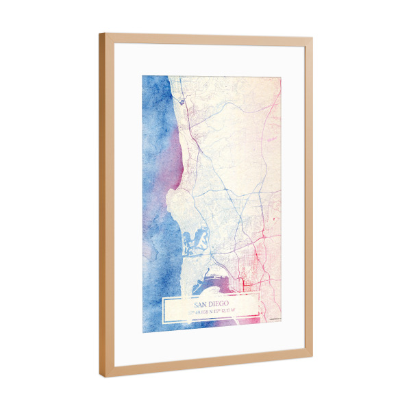Poster mit Rahmen Kupfer "San-Diego USA Map Rose And Serenity I" artboxONE - Städte,Reise,Kartografie - Städting,Stadtkarte,Wasserfarbe,Rosequartz