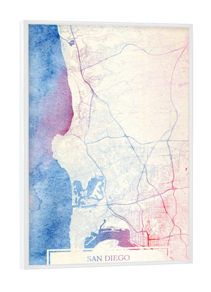 Poster mit weißem Rahmen "San-Diego USA Map Rose And Serenity I" artboxONE - Städte,Reise,Kartografie - Städting,Stadtkarte,Wasserfarbe,Rosequartz