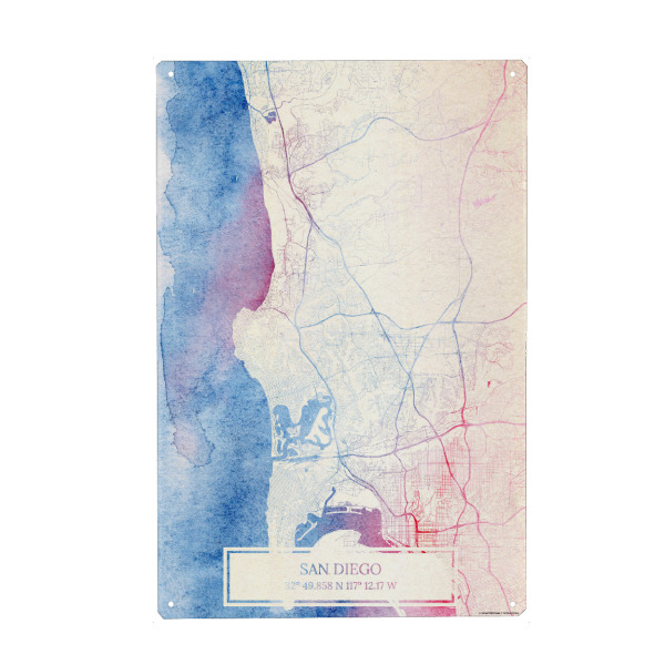 Metall Poster "San-Diego USA Map Rose And Serenity I" artboxONE - Städte,Reise,Kartografie - Städting,Stadtkarte,Wasserfarbe,Rosequartz - Blechschild