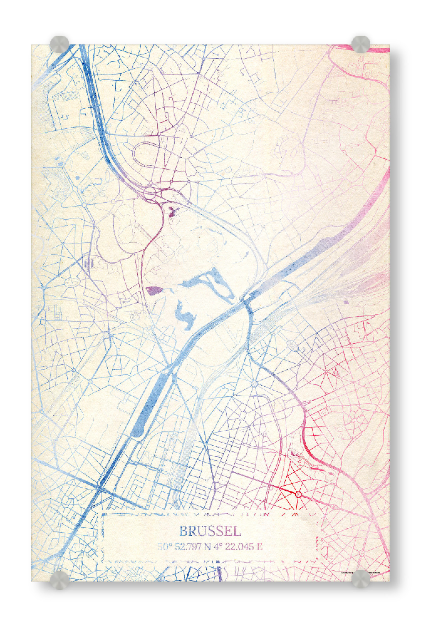 Acrylglasbild "Brüssel Belgien Map Rose And Serenity I" artboxONE - Städte,Reise,Kartografie - Städte,Stadtkarte,Wasserfarbe,Rosequartz