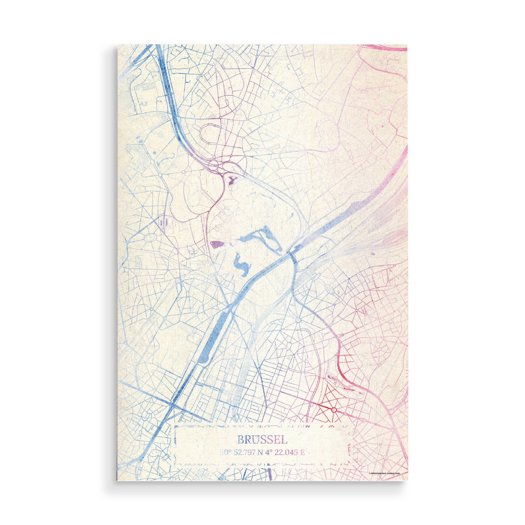 Holzbild "Brüssel Belgien Map Rose And Serenity I" artboxONE - Städte,Reise,Kartografie - Städte,Stadtkarte,Wasserfarbe,Rosequartz