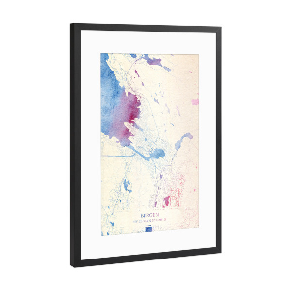 Poster mit Rahmen Schwarz (Metallic) "Bergen Norwegen Map Rose And Serenity I" artboxONE - Städte,Reise,Kartografie